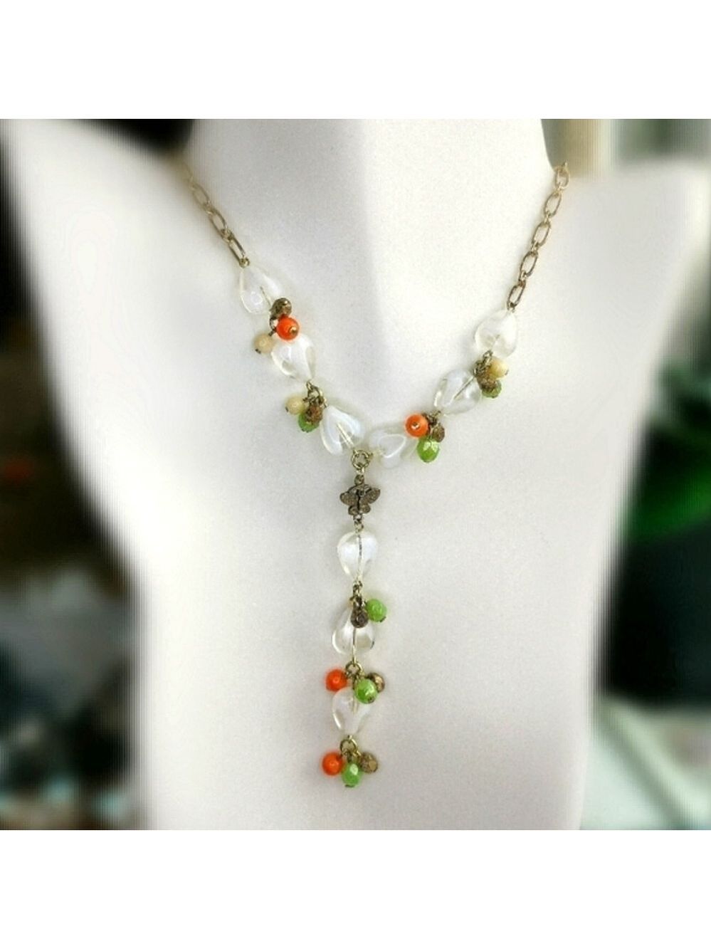 Vintage Czech handmade beaded white milk glass butterfly necklace earring set